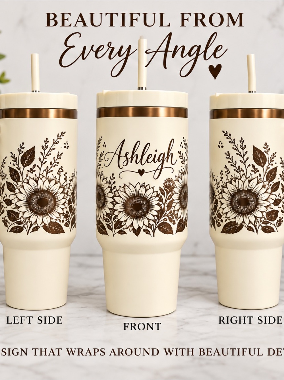 Personalized Cream Sunflower Travel Tumbler with Handle - Picture 4 of 6